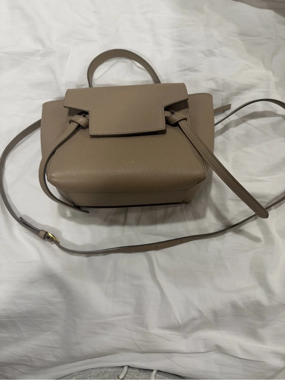 Celine Taupe Leather Satchel with Top Handle and Strap